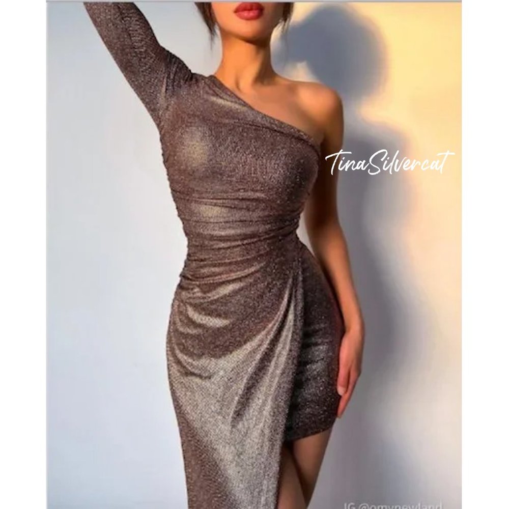 Zara Metallic Long Midi Dress Bronze Sz L NWT